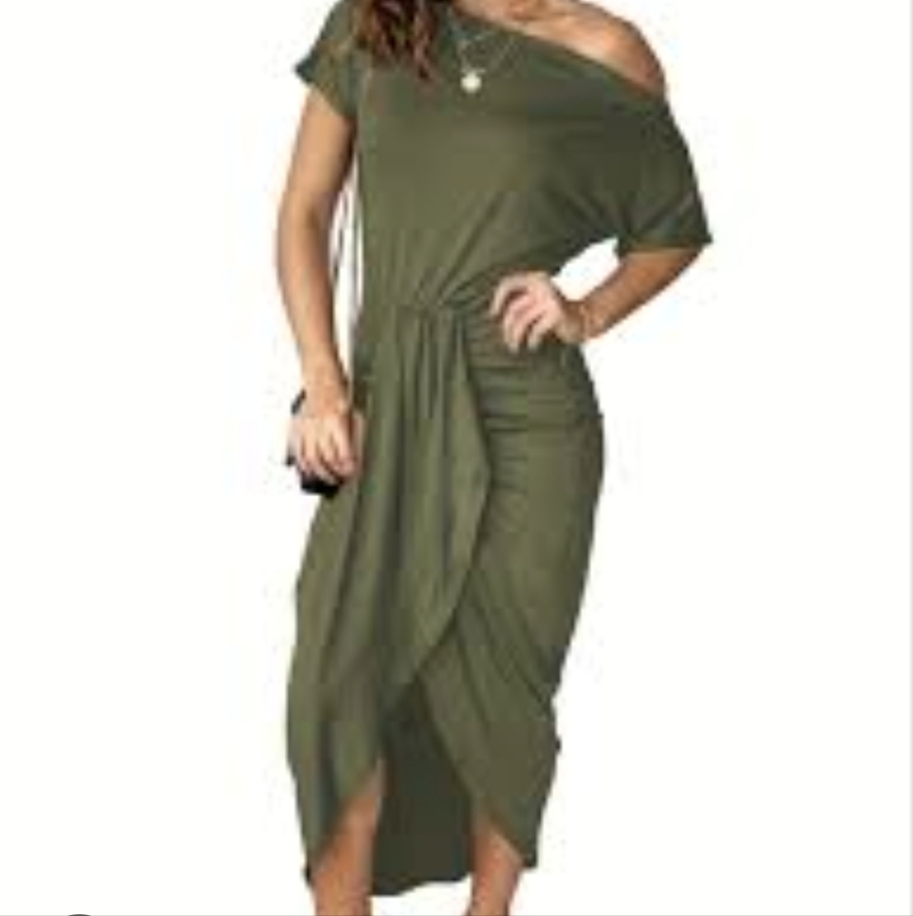 Elegant Olive Off-Shoulder Dress SZ.M NWT